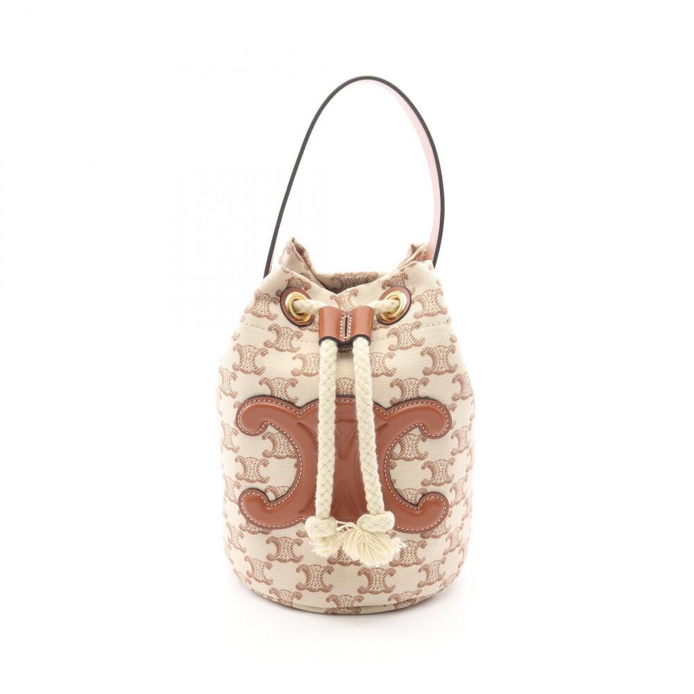 Celine Teen Drawstring Triomphe Handbag Canvas Leather Ivory White Brown